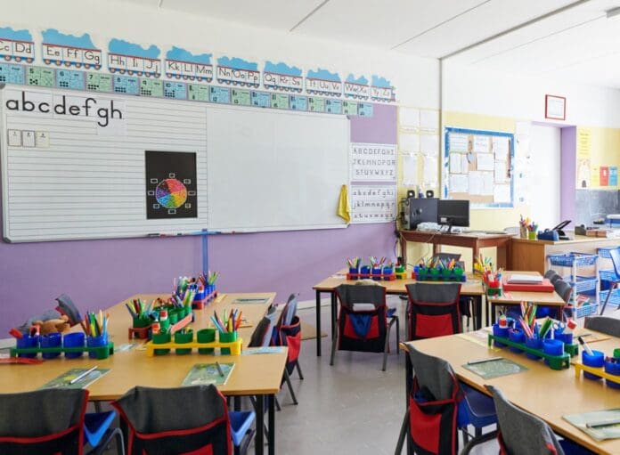 empty-classroom-in-elementary-school-with-whiteboard-and-desks-picture-id1160926573